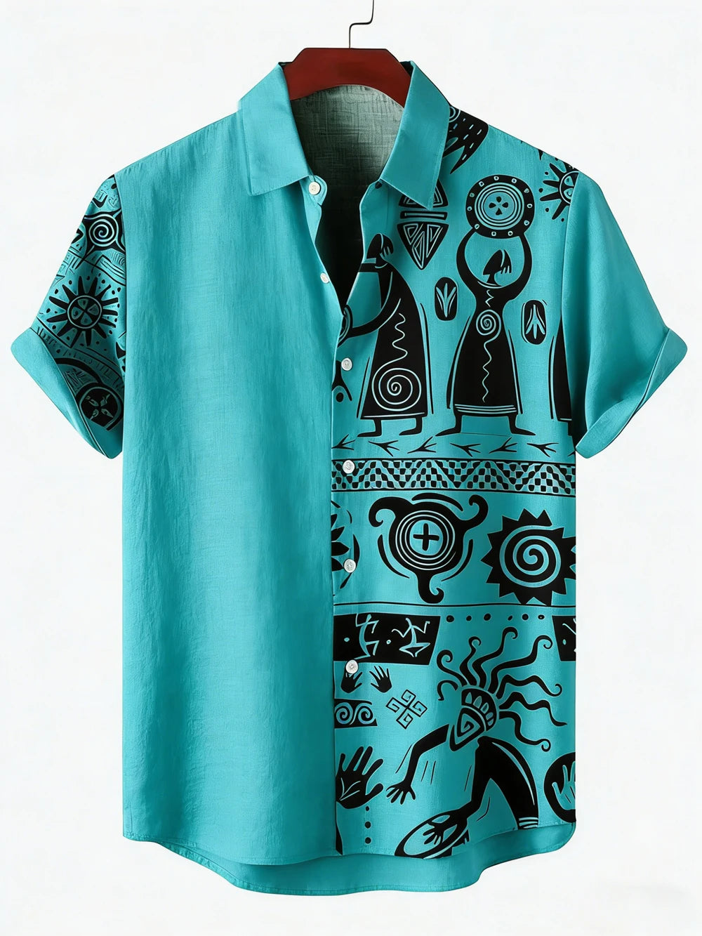 Men's New Ethnic Style Tribal Pattern 3D Printed Shirt Hawaiian Tropical Short-sleeved Linen Breathable Outdoor Clothes for Men