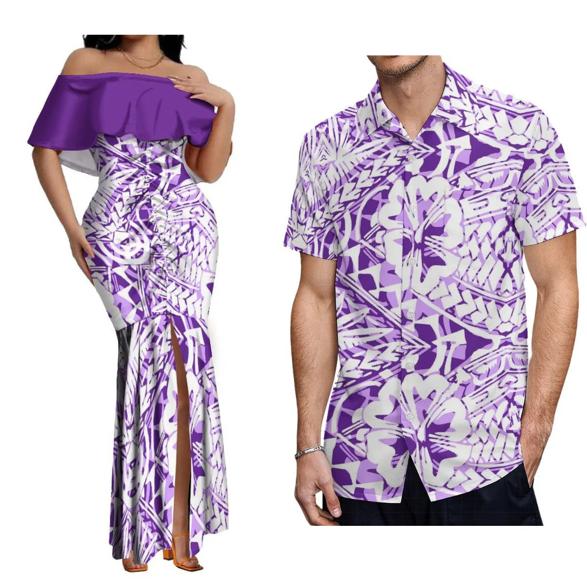 Custom Samoan Dress Women'S Off-The-Shoulder Dress Hawaiian Party Fishtail Skirt And Men'S Shirt Polynesian Couple Suit