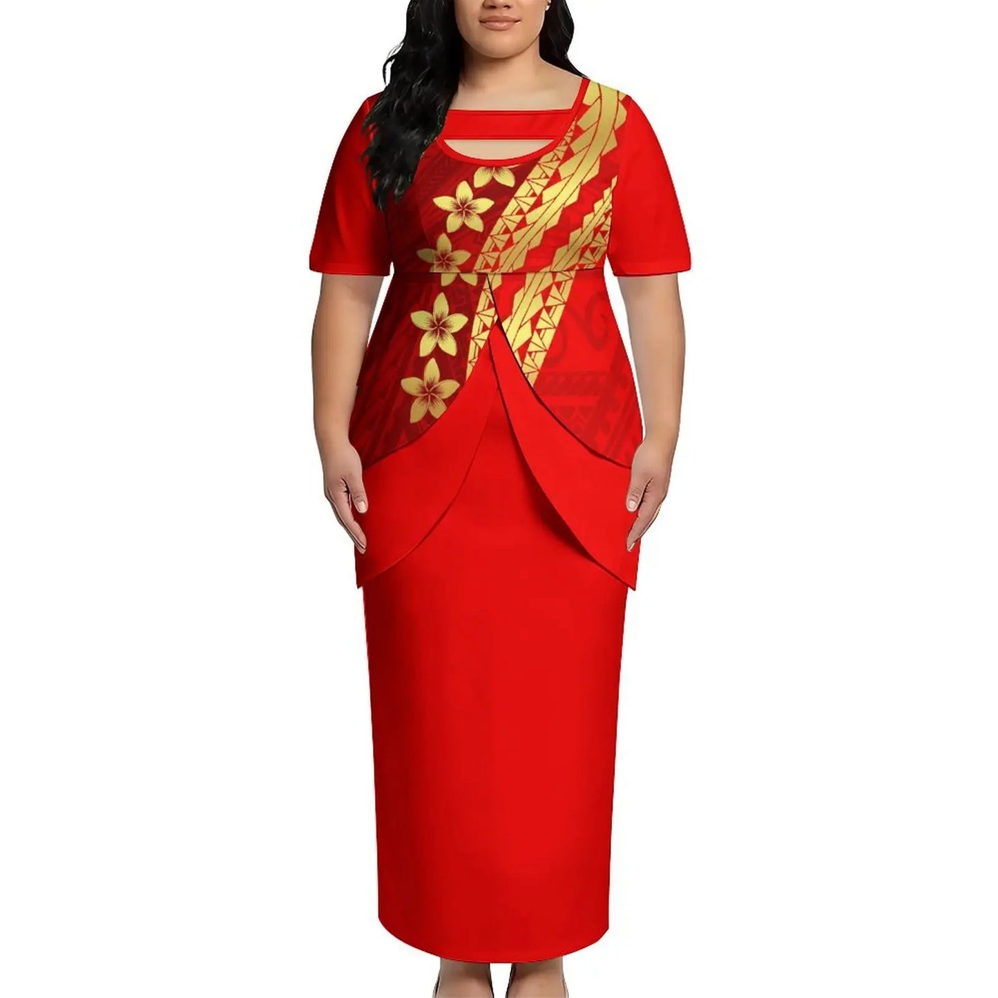 2026 New Arrival Polynesian Tribal Print Maxi Dress for Women Custom Tonga Puletasi Dress Samoan Round Neck Long Dress Two Piece