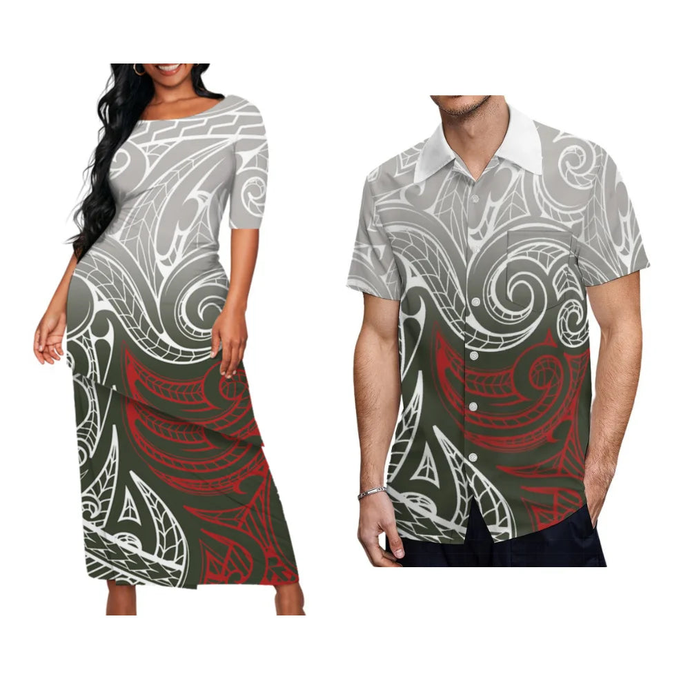 Samoan Tribal Print Summer Women's Double Suit Long Cress Puletasi Men's Hawaiian Shirt Custom Polynesian Couple Dress