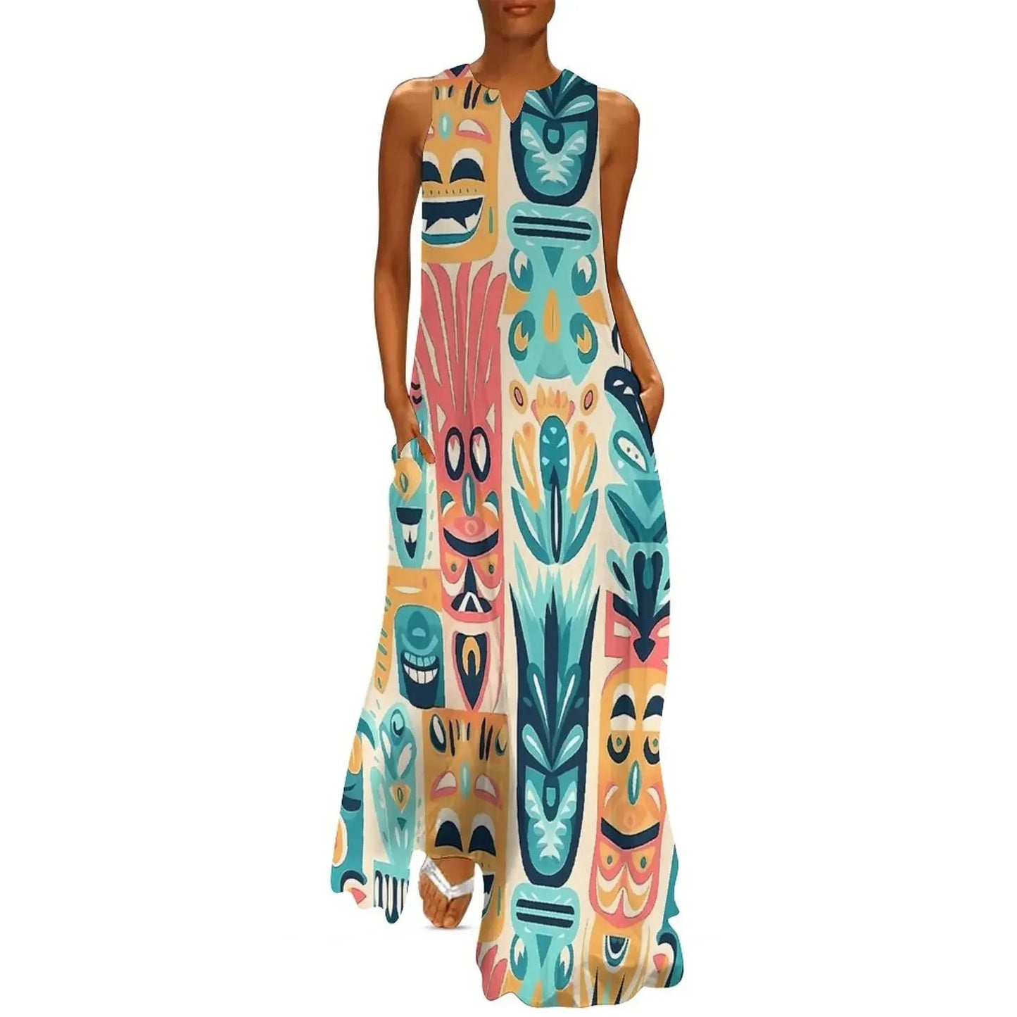Sleeveless Hawaiian Dress For Women Spring Tropical Tiki Flowers Plants Boho Beach Long Dresses Female Casual Modern Maxi Dress