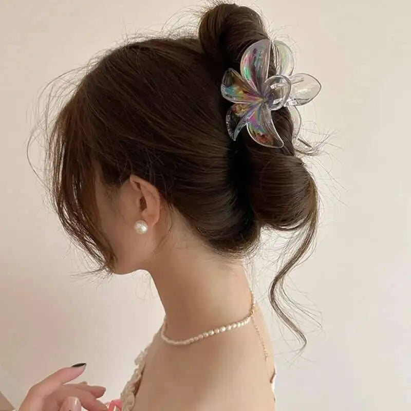 Hawaiian Transparent Flower Hair Claw Women Crab Hair Clip Floral Hair Claws Ponytail Holder Hair Clip Hairpin Barrette Headwear
