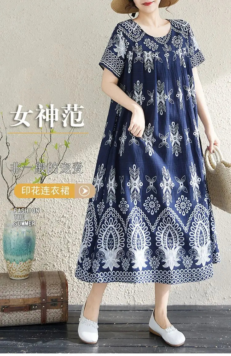 Women's Ethnic Print Cotton Dress Short Sleeve Loose Plus Size Summer Maxi Dress