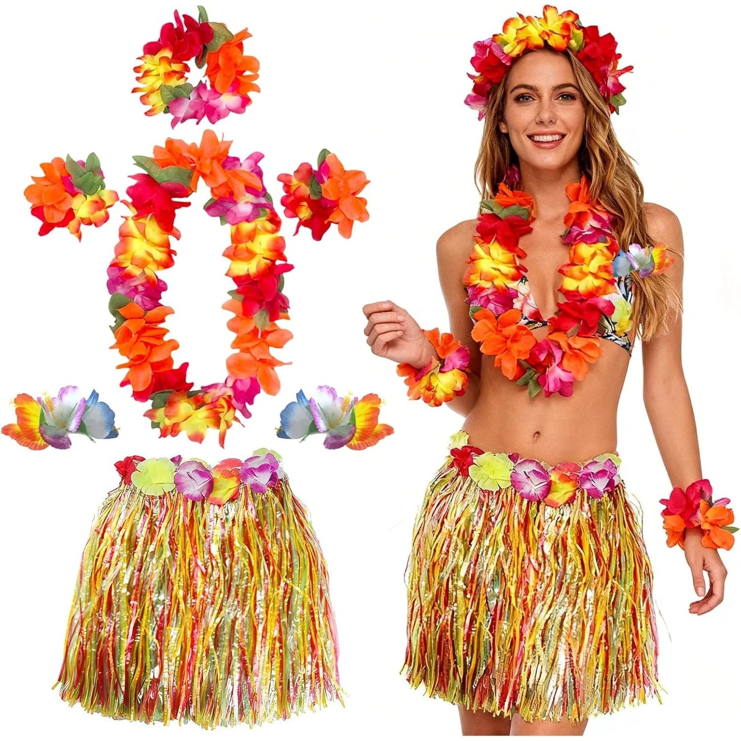 7pcs Women's Hawaiian Costume Full Outfit with Grass Skirt Flower Hawaiian Dance Dress Flower Necklace Bracelet Grass Skirt