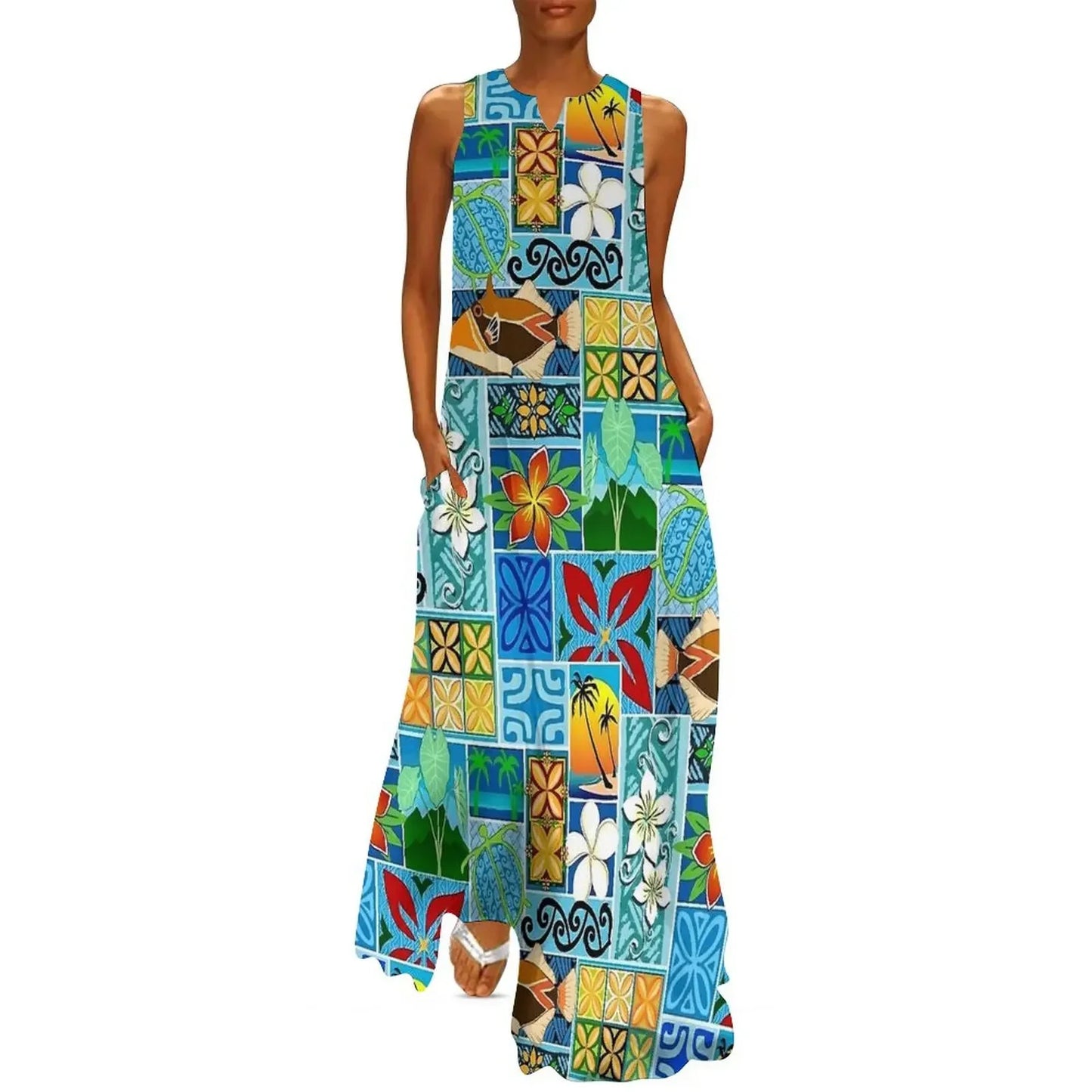 Sleeveless Hawaiian Dress For Women Spring Tropical Tiki Flowers Plants Boho Beach Long Dresses Female Casual Modern Maxi Dress
