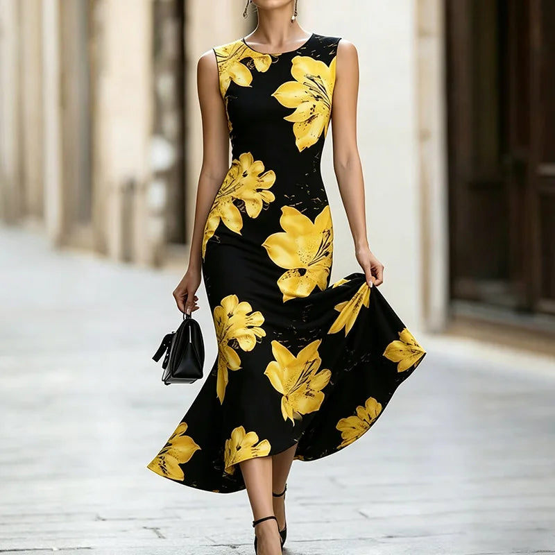 Women Dresses Print Mermaid Dress Round Neck Sleeveless Mid Calf Length Cinched Waist Slight Strech Casual Slim Fit 2026 Summer