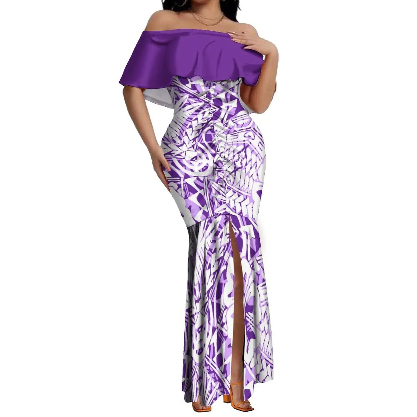 Custom Samoan Dress Women'S Off-The-Shoulder Dress Hawaiian Party Fishtail Skirt And Men'S Shirt Polynesian Couple Suit