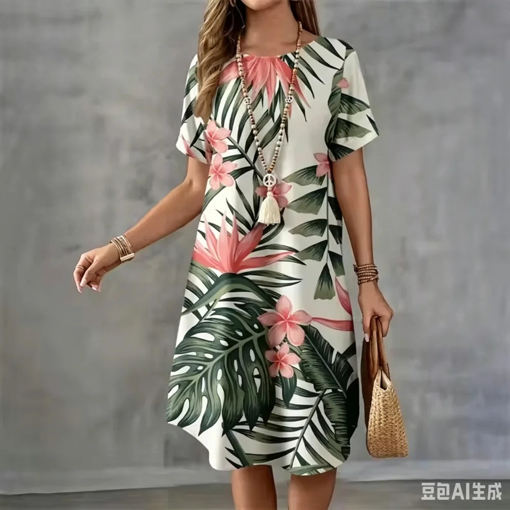 Summer Holiday Hawaiian Dress For Women New Ladies O-Neck Short Sleeve Loose Dress Casual Coconut Tree 3D Print Beach Dresses