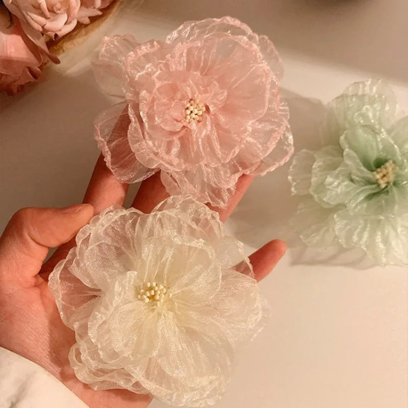 Hawaiian Beach Vacation 3D Sheer Organza Flower Hair Clip Non-slip Hair Accessories for Women Girl Travel Photography Daily Wear