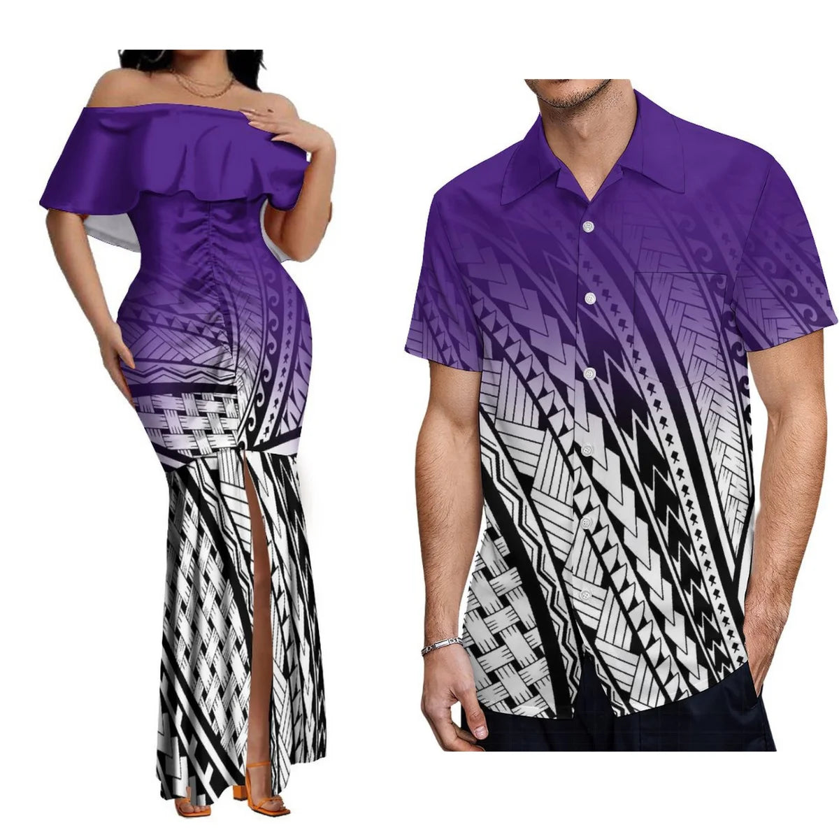 Custom Samoan Dress Women'S Off-The-Shoulder Dress Hawaiian Party Fishtail Skirt And Men'S Shirt Polynesian Couple Suit