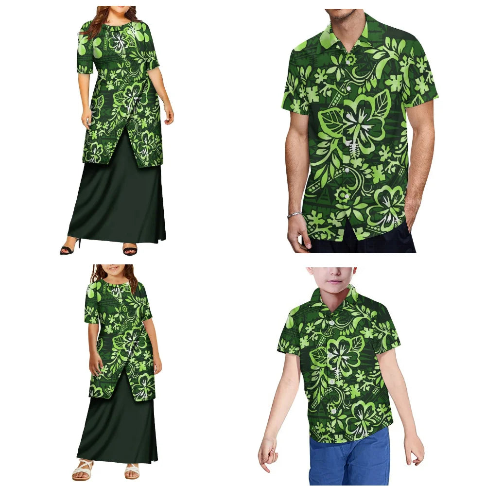 Polynesian Family Set Customization Women And Girls Puletasi Men And Boys Shirts Samoan Tribal Pattern Design Dresses