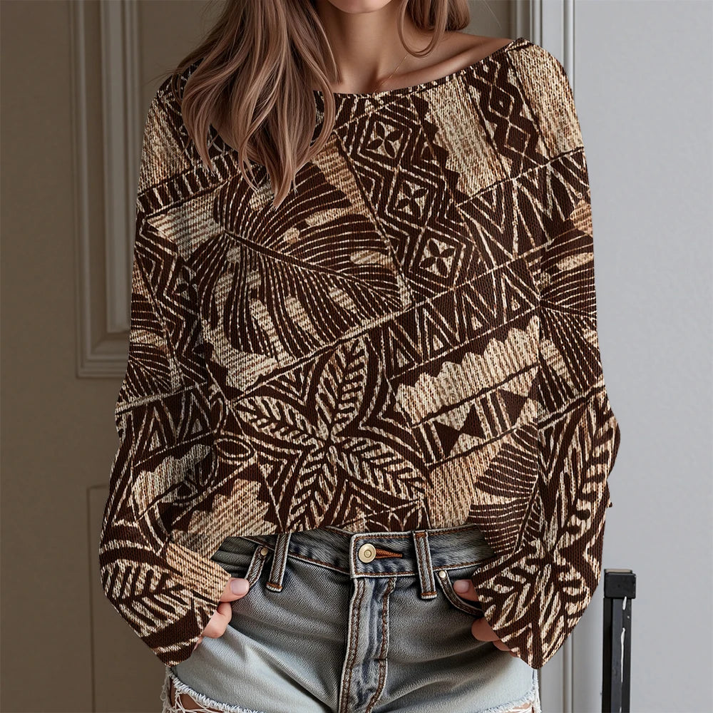 Vintage Tribal Totem Print Off-Shoulder Top Women Long Sleeve T-Shirt Boho Chic Blouse Western Cowboy Style Daily Wear Plus Size