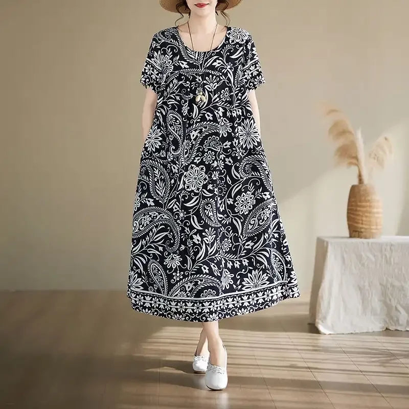 Women's Ethnic Print Cotton Dress Short Sleeve Loose Plus Size Summer Maxi Dress