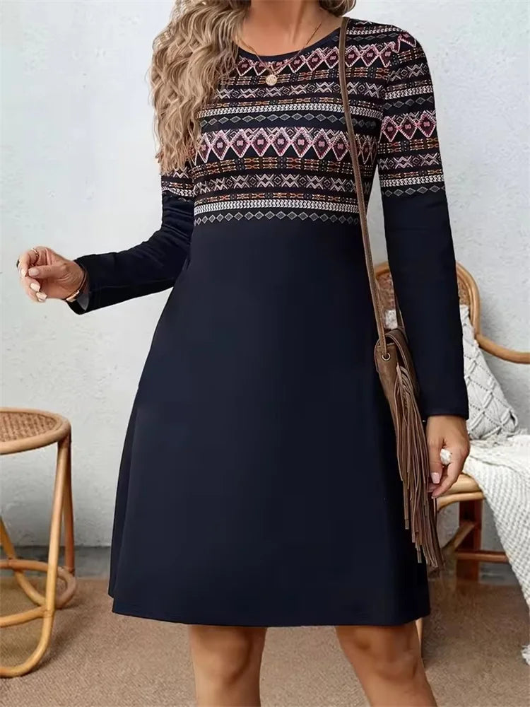 Tribal Ethnic Style Pattern Print Dresses For Women 2025 Autumn Winter Dress Fashion Long Sleeve Loose Dresses Female Clothing
