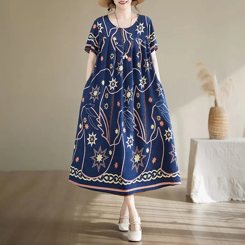 Women's Ethnic Print Cotton Dress Short Sleeve Loose Plus Size Summer Maxi Dress