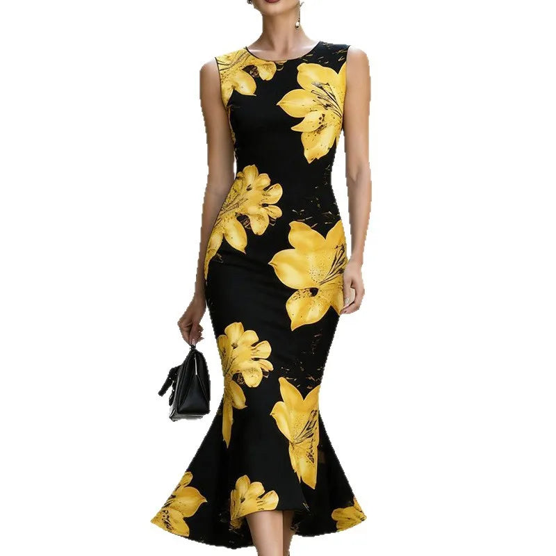Women Dresses Print Mermaid Dress Round Neck Sleeveless Mid Calf Length Cinched Waist Slight Strech Casual Slim Fit 2026 Summer