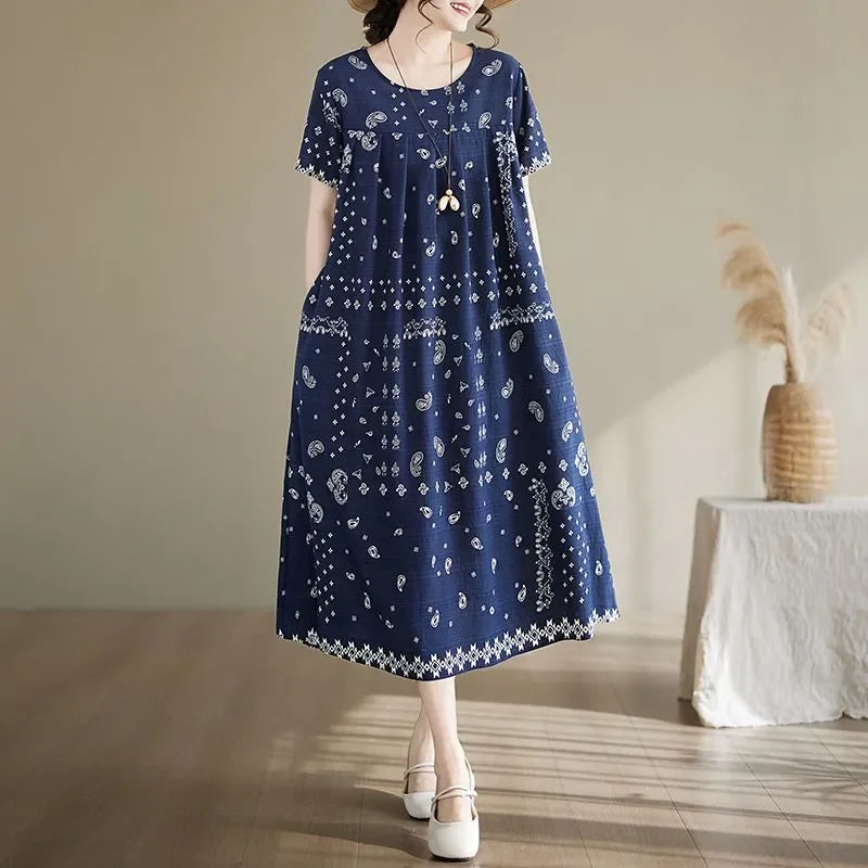 Women's Ethnic Print Cotton Dress Short Sleeve Loose Plus Size Summer Maxi Dress