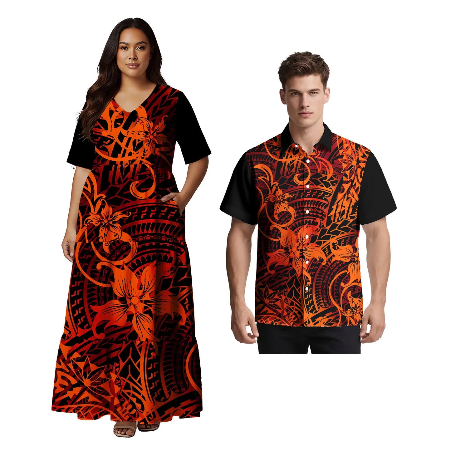 Samoan Ethnic Style Custom Clothes Polynesian Short Sleeve Women Dress Man Aloha T-Shirt Hawaiian Tribal Design Couple 2pc Set