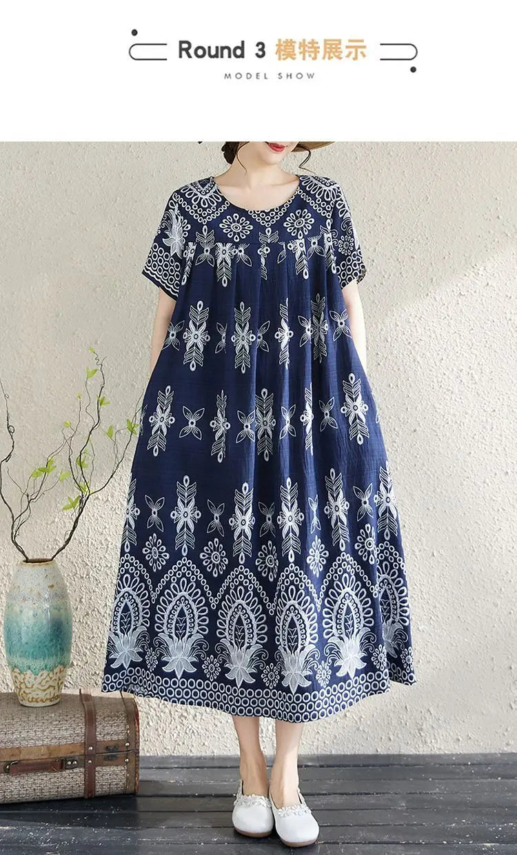 Women's Ethnic Print Cotton Dress Short Sleeve Loose Plus Size Summer Maxi Dress