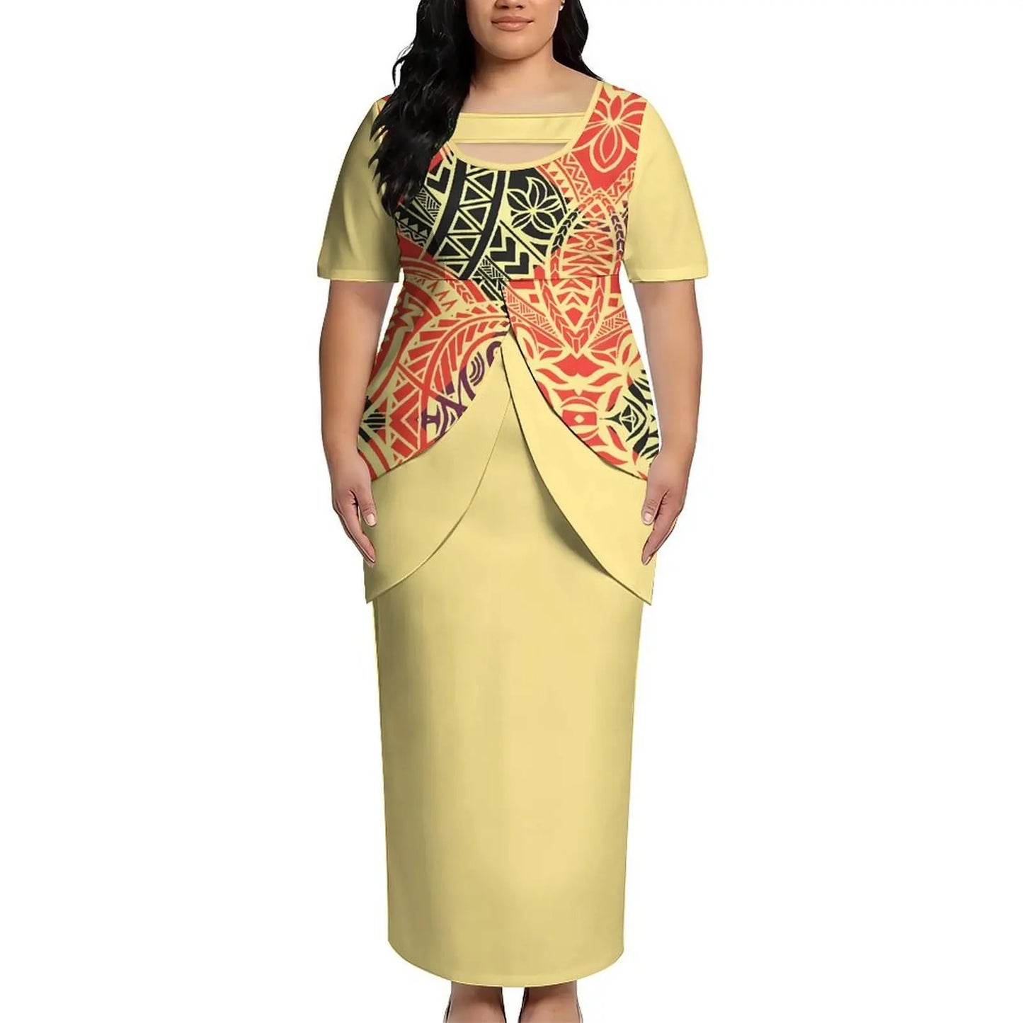 2026 New Arrival Polynesian Tribal Print Maxi Dress for Women Custom Tonga Puletasi Dress Samoan Round Neck Long Dress Two Piece