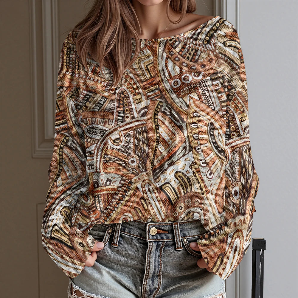 Vintage Tribal Totem Print Off-Shoulder Top Women Long Sleeve T-Shirt Boho Chic Blouse Western Cowboy Style Daily Wear Plus Size
