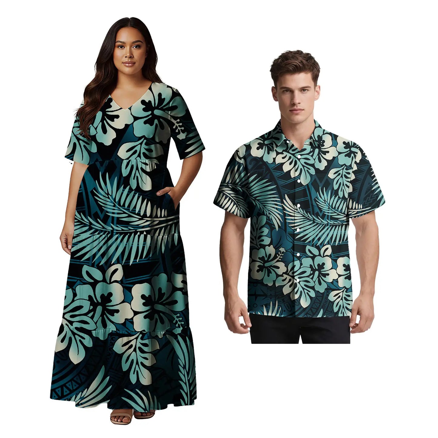 Samoan Ethnic Style Custom Clothes Polynesian Short Sleeve Women Dress Man Aloha T-Shirt Hawaiian Tribal Design Couple 2pc Set