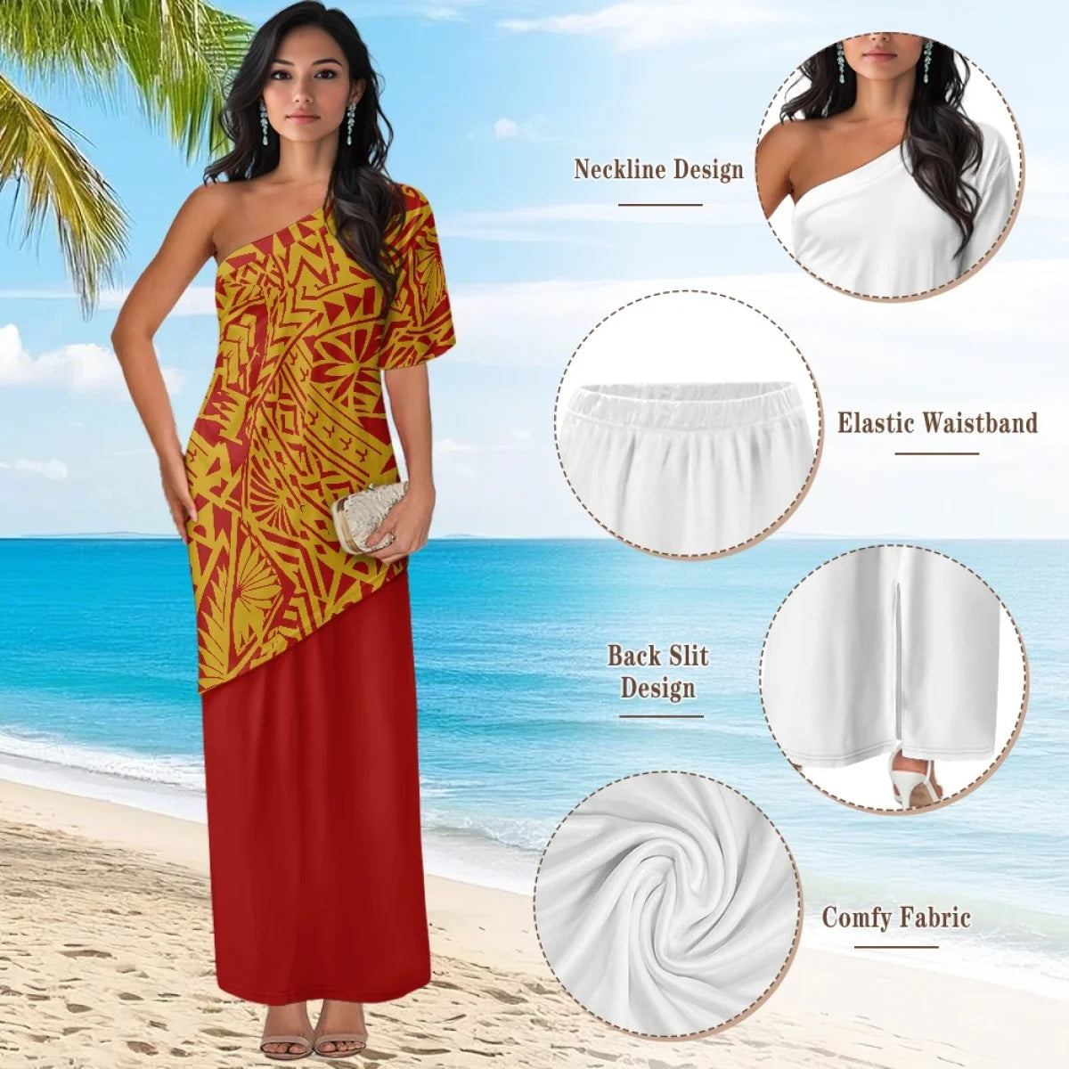 Printed Polynesian Tribal Print One shoulder Samoan Puletasi Custom Top And Skirts Womens Two Piece Outfits Set Dress