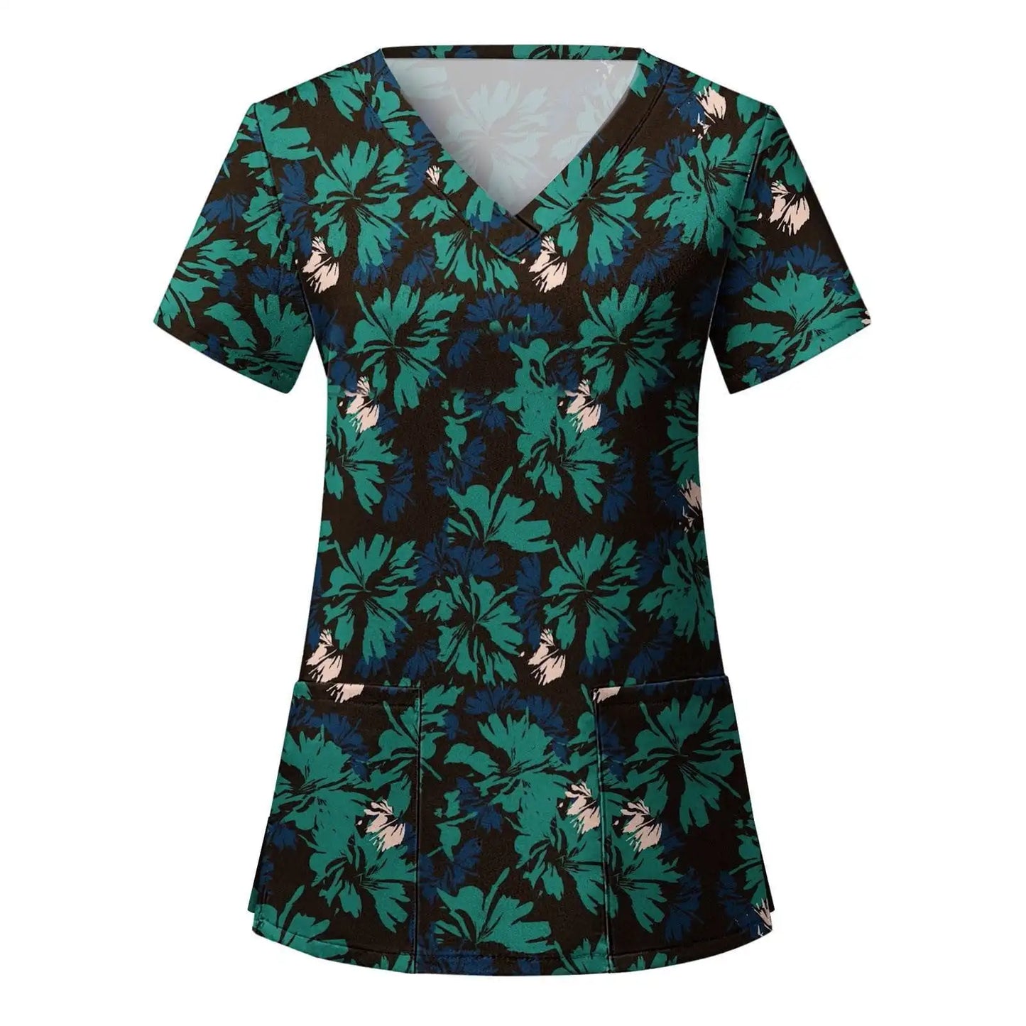 Women's Hawaiian Leaves All Over Print V Neck Nurse Surgical Gown Top with Pockets Comfortable Polyester Short Sleeve Coverall