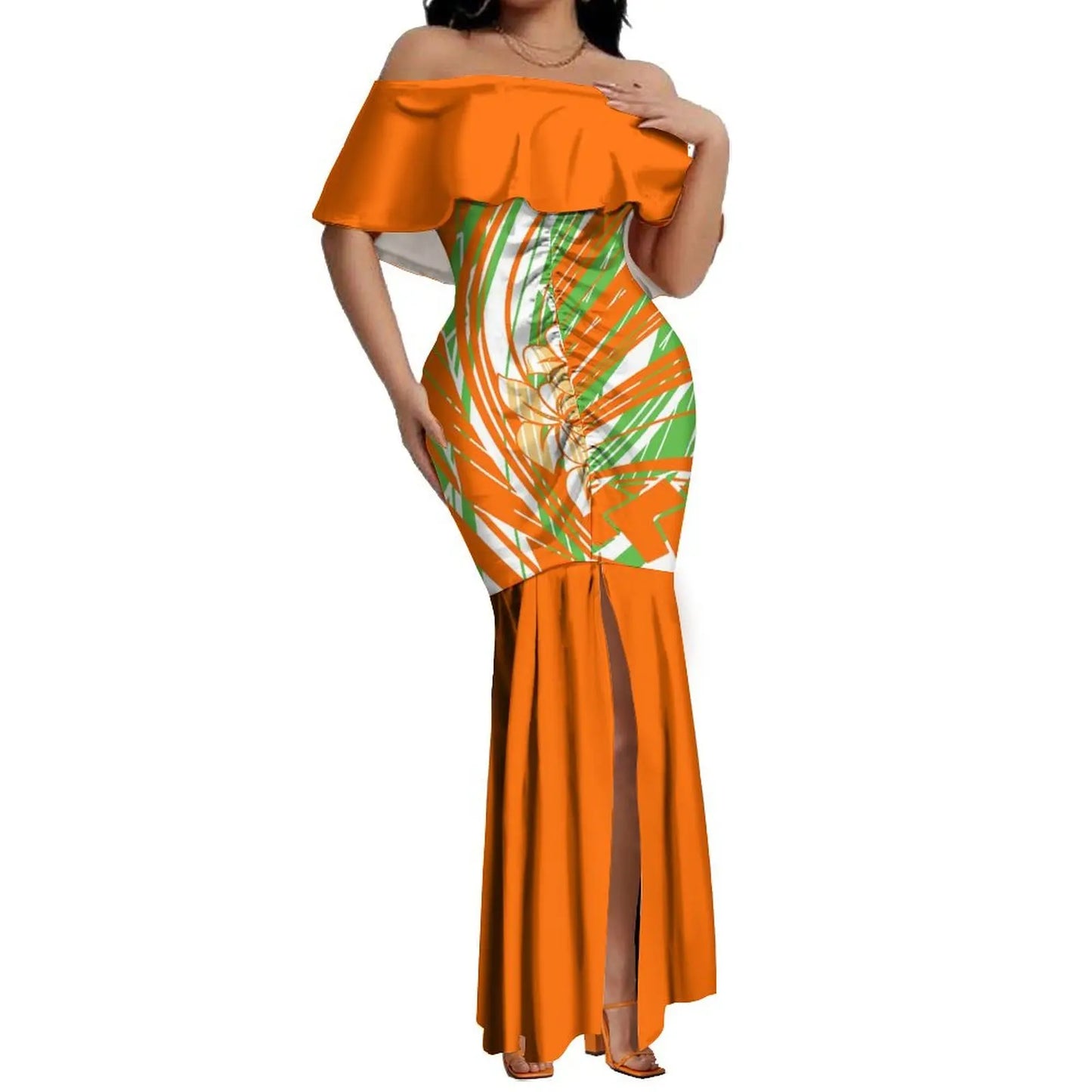 Custom Samoan Dress Women'S Off-The-Shoulder Dress Hawaiian Party Fishtail Skirt And Men'S Shirt Polynesian Couple Suit