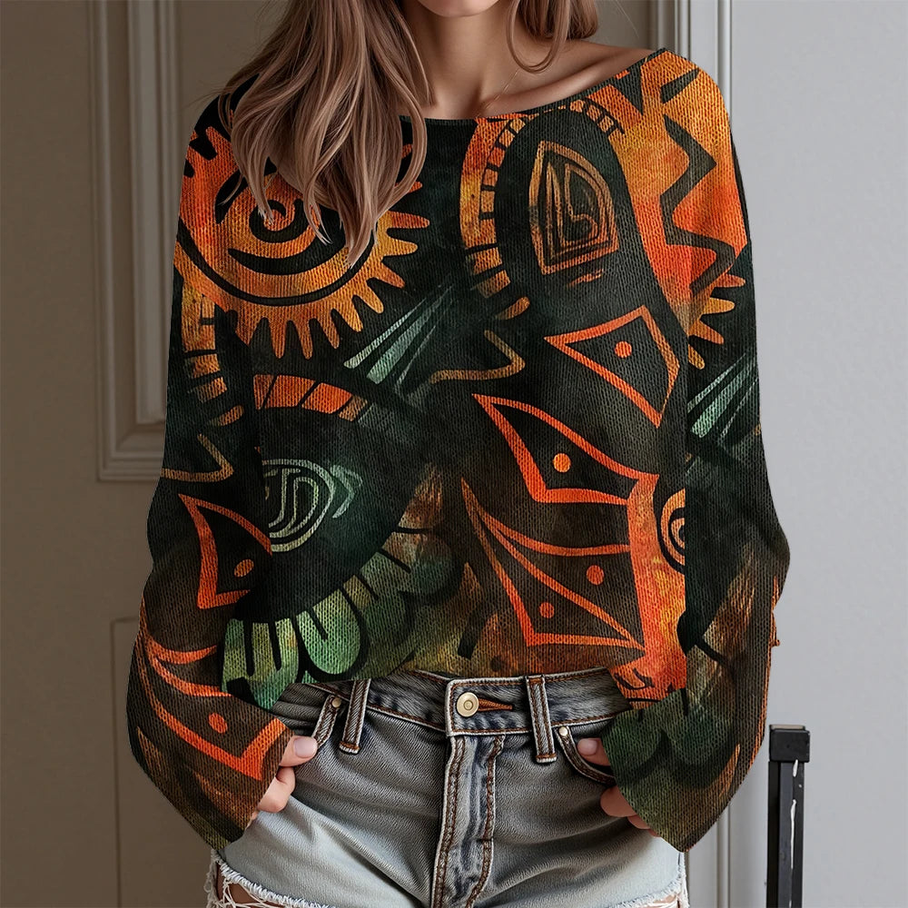 Vintage Tribal Totem Print Off-Shoulder Top Women Long Sleeve T-Shirt Boho Chic Blouse Western Cowboy Style Daily Wear Plus Size