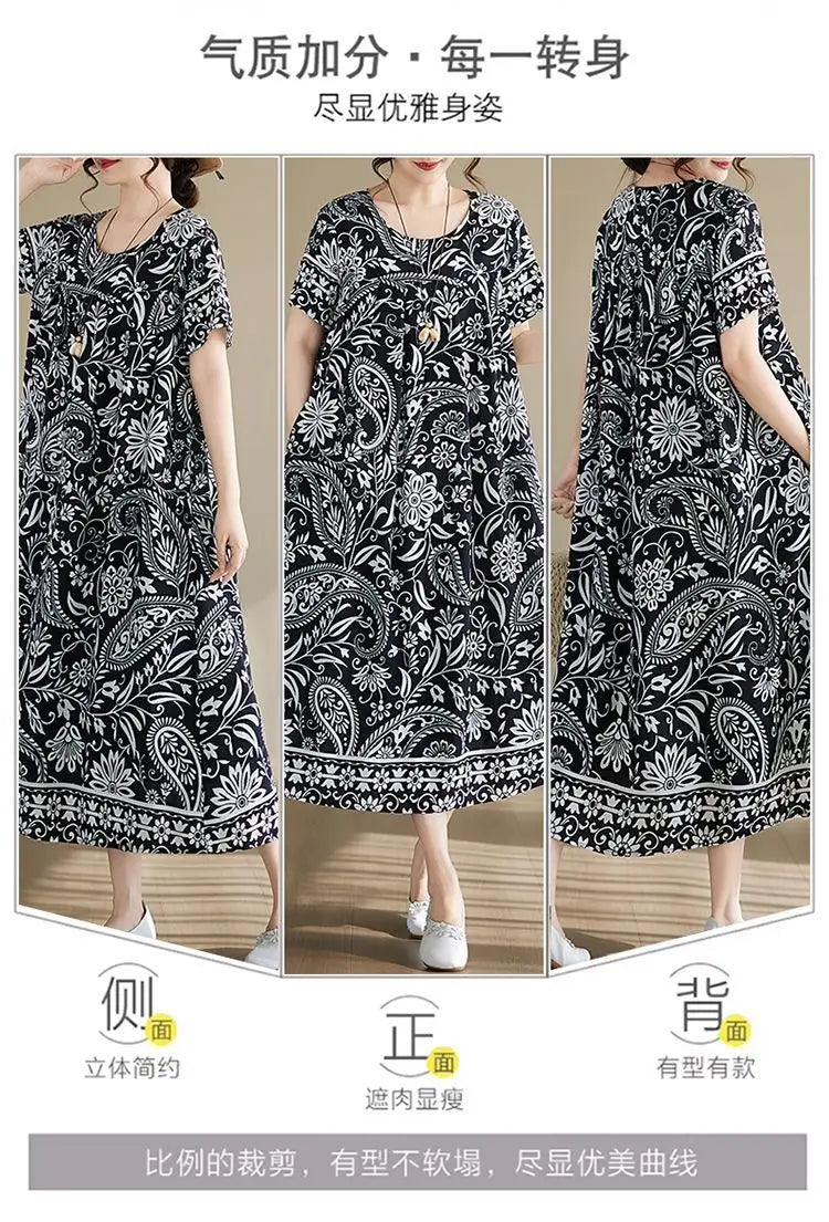 Women's Ethnic Print Cotton Dress Short Sleeve Loose Plus Size Summer Maxi Dress