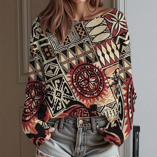 Vintage Tribal Totem Print Off-Shoulder Top Women Long Sleeve T-Shirt Boho Chic Blouse Western Cowboy Style Daily Wear Plus Size