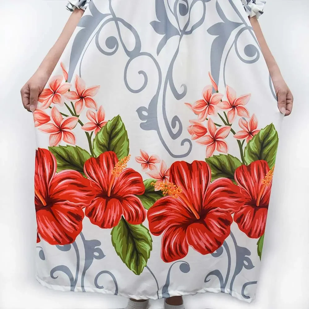 Custom Print Polynesian Mumu Puff Sleeve Dresses Hawaiian Flower Print Micronesian Loose Muumuu Dress With Lace for Women