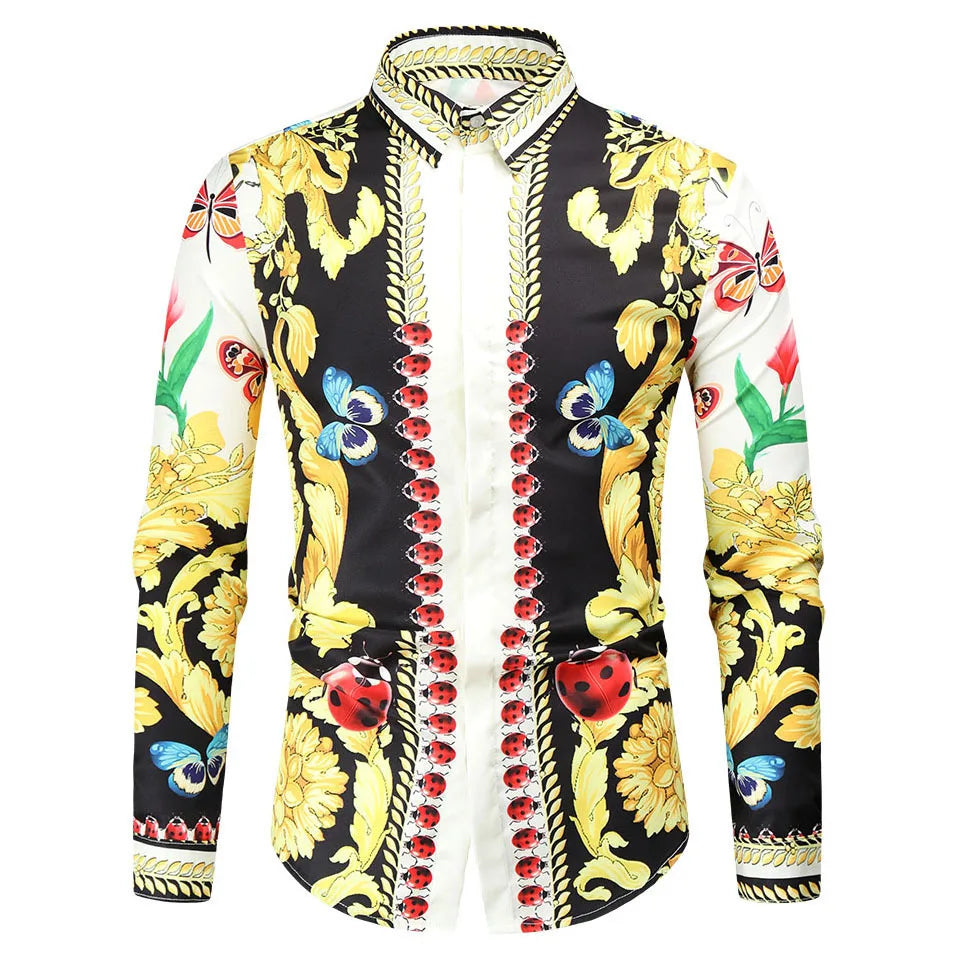 2025 men's fashionable tribal totem print pattern casual high-quality men's long sleeved shirt luxurious high-quality shirt