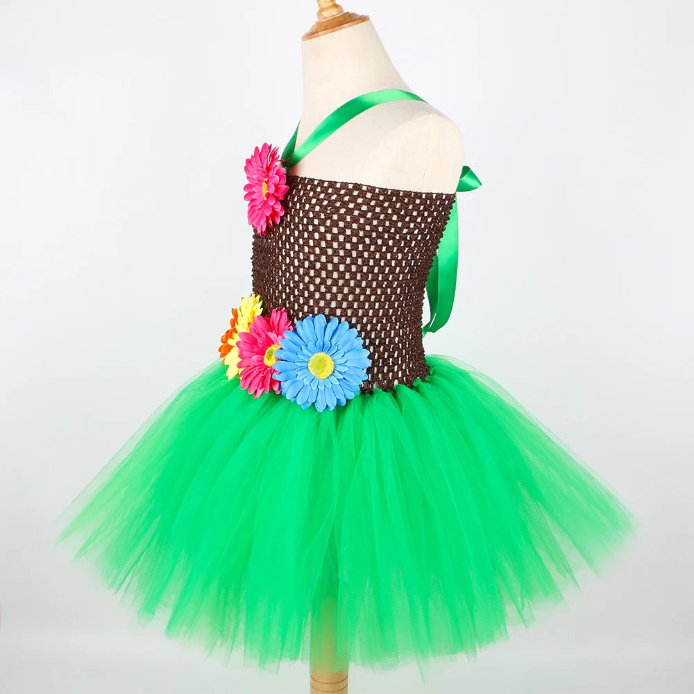Hawaiian Costume Outfit for Girls Luau Beach Party Flowers Tulle Tutu Dress Kids Halloween Carnival Hawaii Princess Dress Up