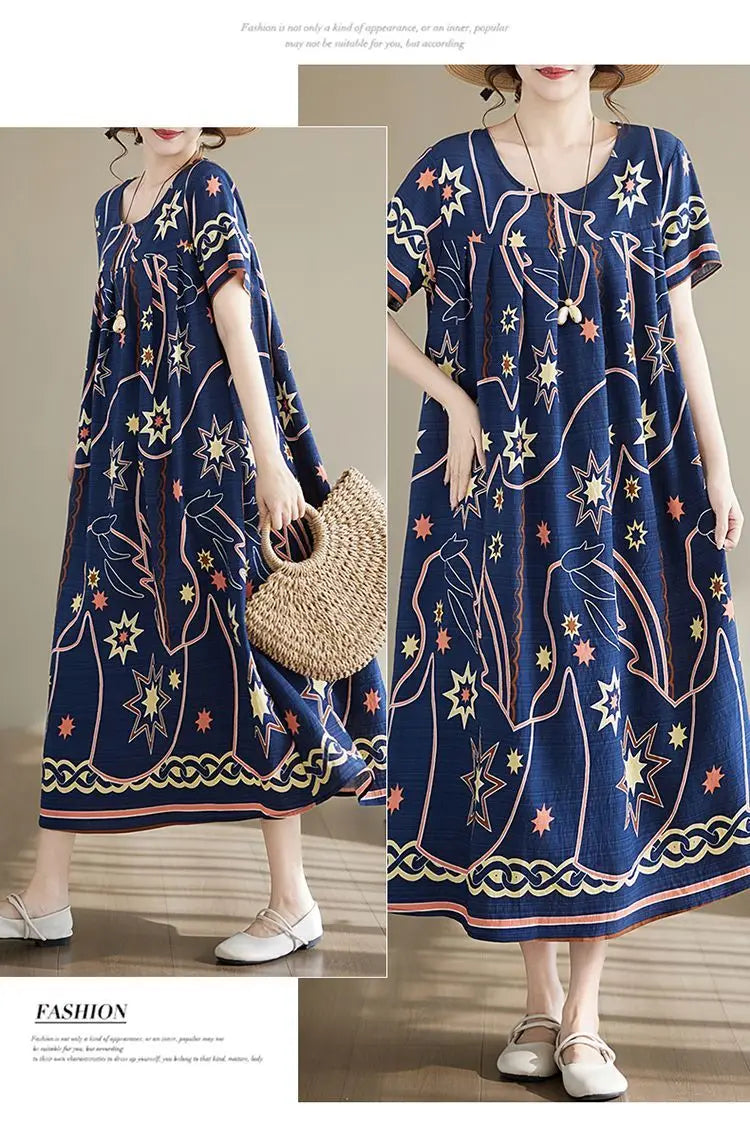 Women's Ethnic Print Cotton Dress Short Sleeve Loose Plus Size Summer Maxi Dress