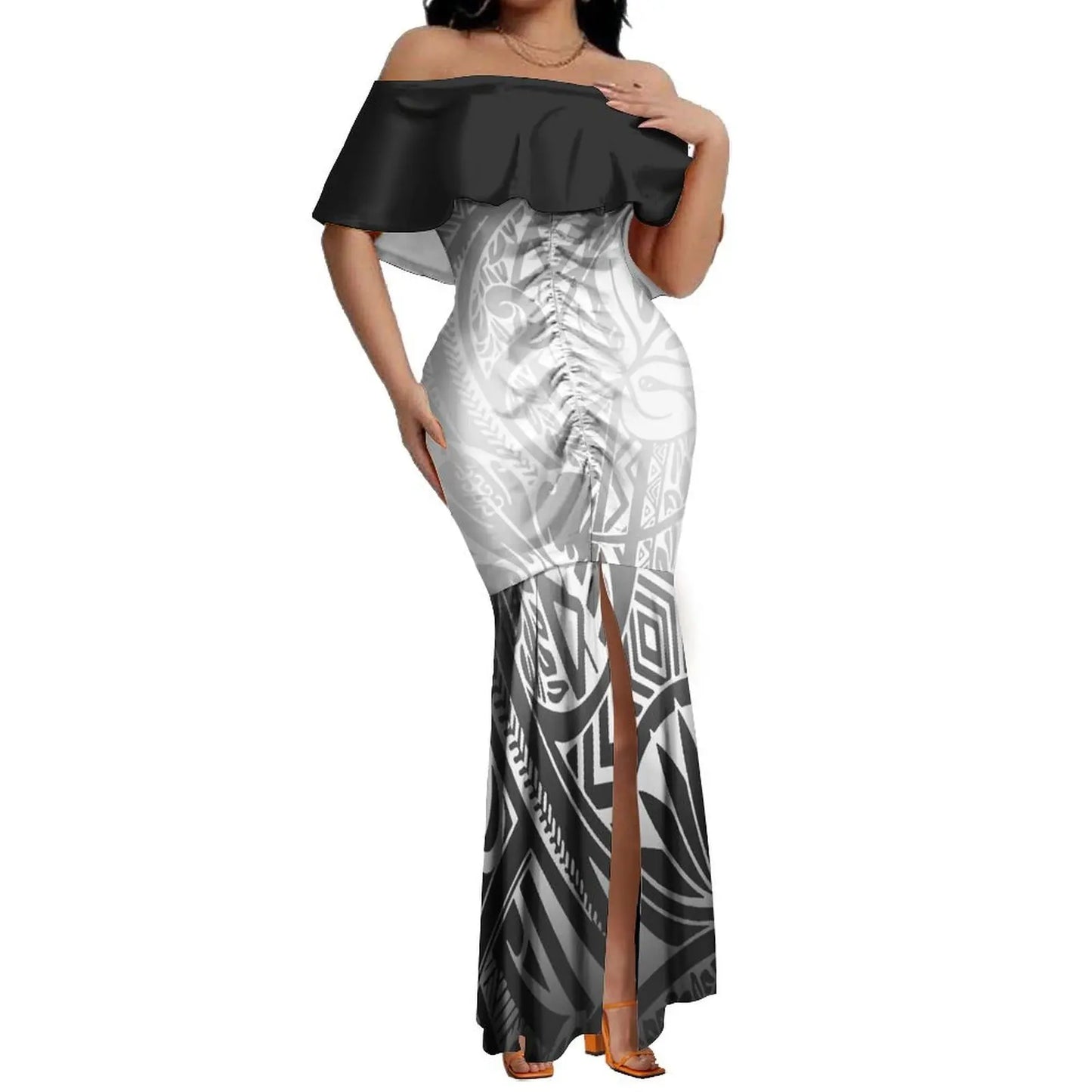 Custom Samoan Dress Women'S Off-The-Shoulder Dress Hawaiian Party Fishtail Skirt And Men'S Shirt Polynesian Couple Suit