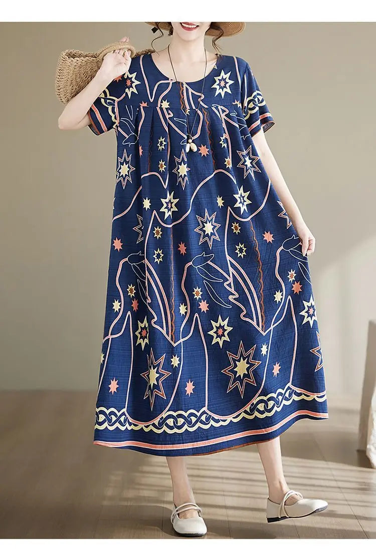 Women's Ethnic Print Cotton Dress Short Sleeve Loose Plus Size Summer Maxi Dress