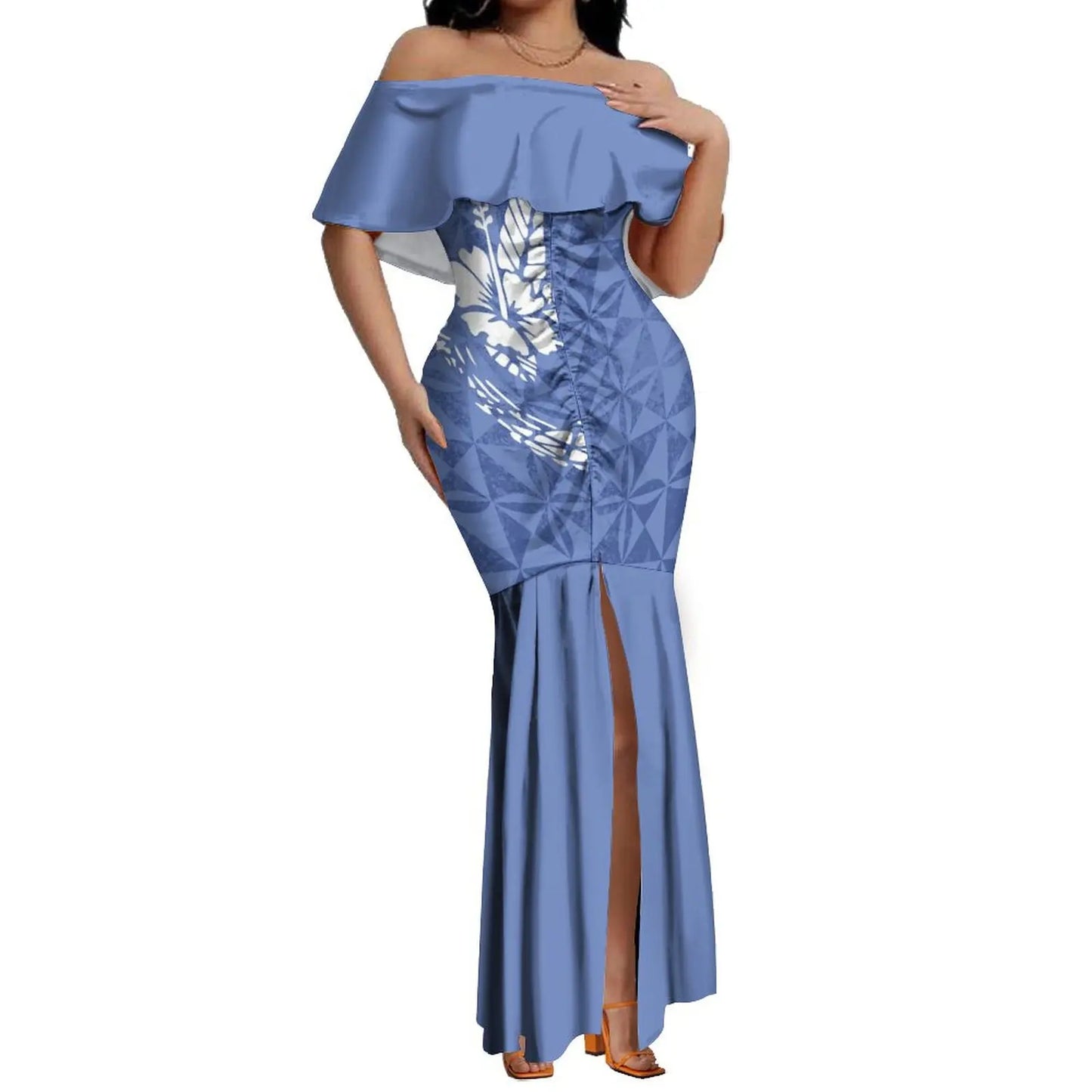 Custom Samoan Dress Women'S Off-The-Shoulder Dress Hawaiian Party Fishtail Skirt And Men'S Shirt Polynesian Couple Suit