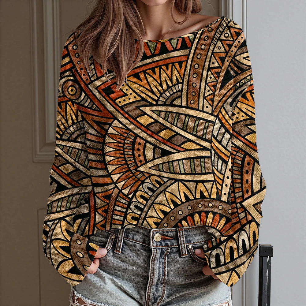 Vintage Tribal Totem Print Off-Shoulder Top Women Long Sleeve T-Shirt Boho Chic Blouse Western Cowboy Style Daily Wear Plus Size
