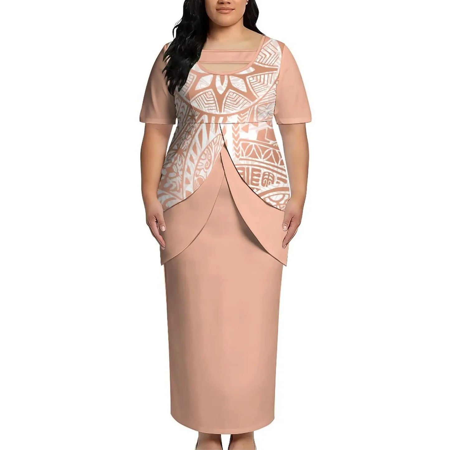 2026 New Arrival Polynesian Tribal Print Maxi Dress for Women Custom Tonga Puletasi Dress Samoan Round Neck Long Dress Two Piece