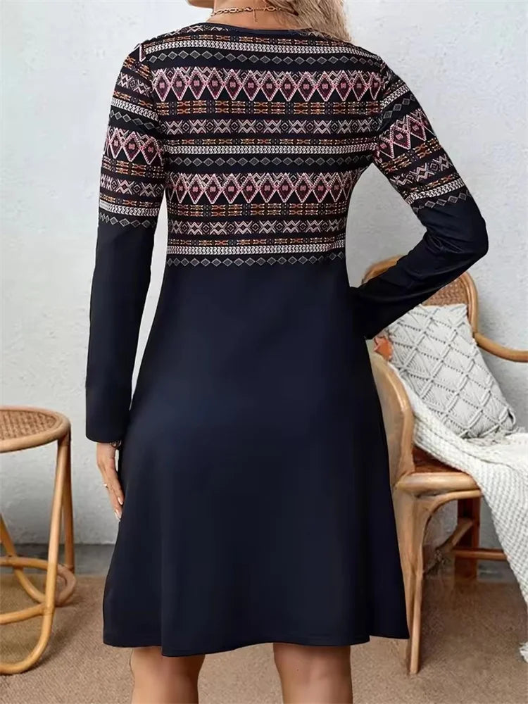 Tribal Ethnic Style Pattern Print Dresses For Women 2025 Autumn Winter Dress Fashion Long Sleeve Loose Dresses Female Clothing