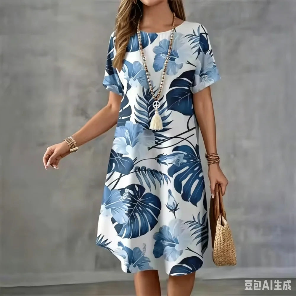 Summer Holiday Hawaiian Dress For Women New Ladies O-Neck Short Sleeve Loose Dress Casual Coconut Tree 3D Print Beach Dresses