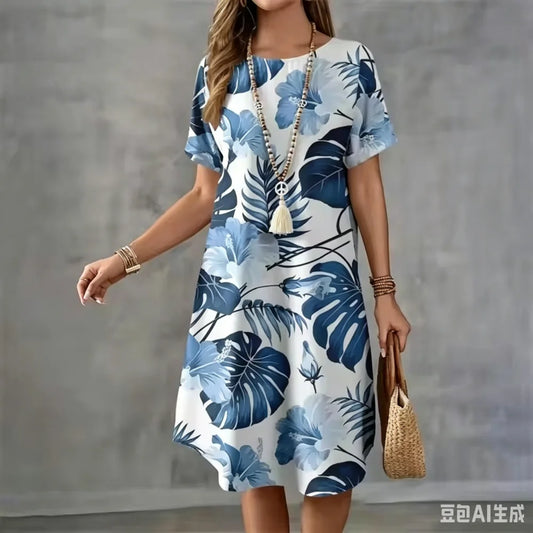 Summer Holiday Hawaiian Dress For Women New Ladies O-Neck Short Sleeve Loose Dress Casual Coconut Tree 3D Print Beach Dresses