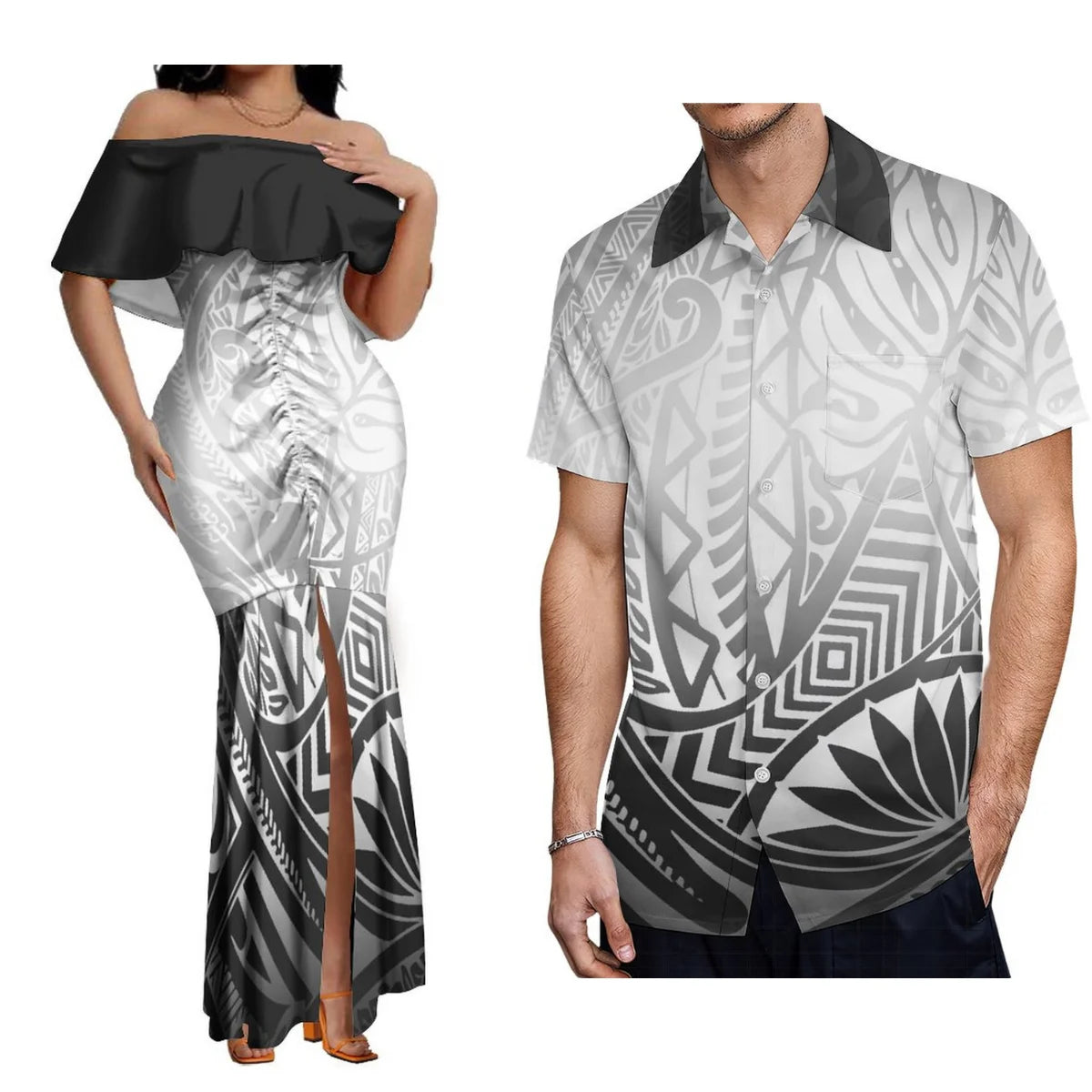 Custom Samoan Dress Women'S Off-The-Shoulder Dress Hawaiian Party Fishtail Skirt And Men'S Shirt Polynesian Couple Suit