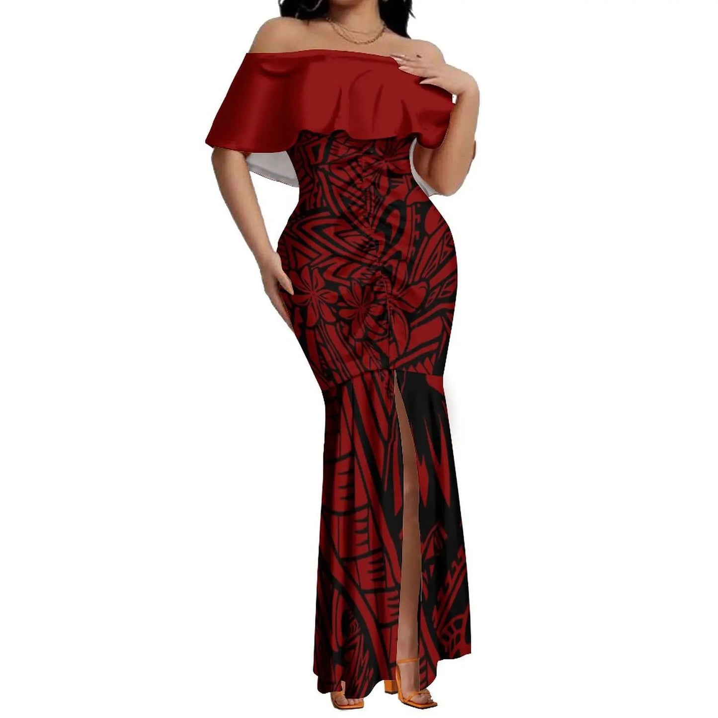 Custom Samoan Dress Women'S Off-The-Shoulder Dress Hawaiian Party Fishtail Skirt And Men'S Shirt Polynesian Couple Suit