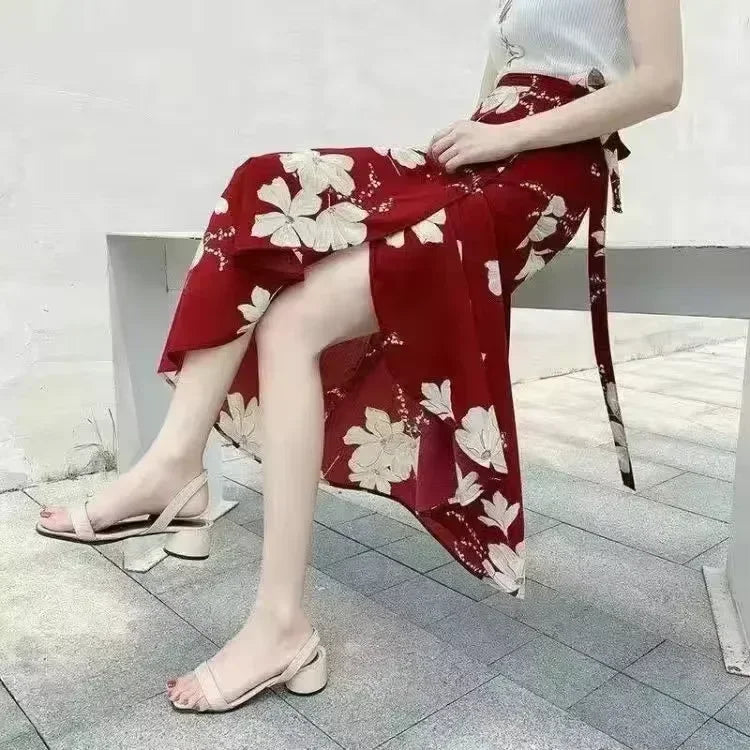 2025 New Women's One-Piece Floral Print Skirt High Waist Wrap Chiffon Beach Dress with Tie Waist Summer Vacation Boho Style