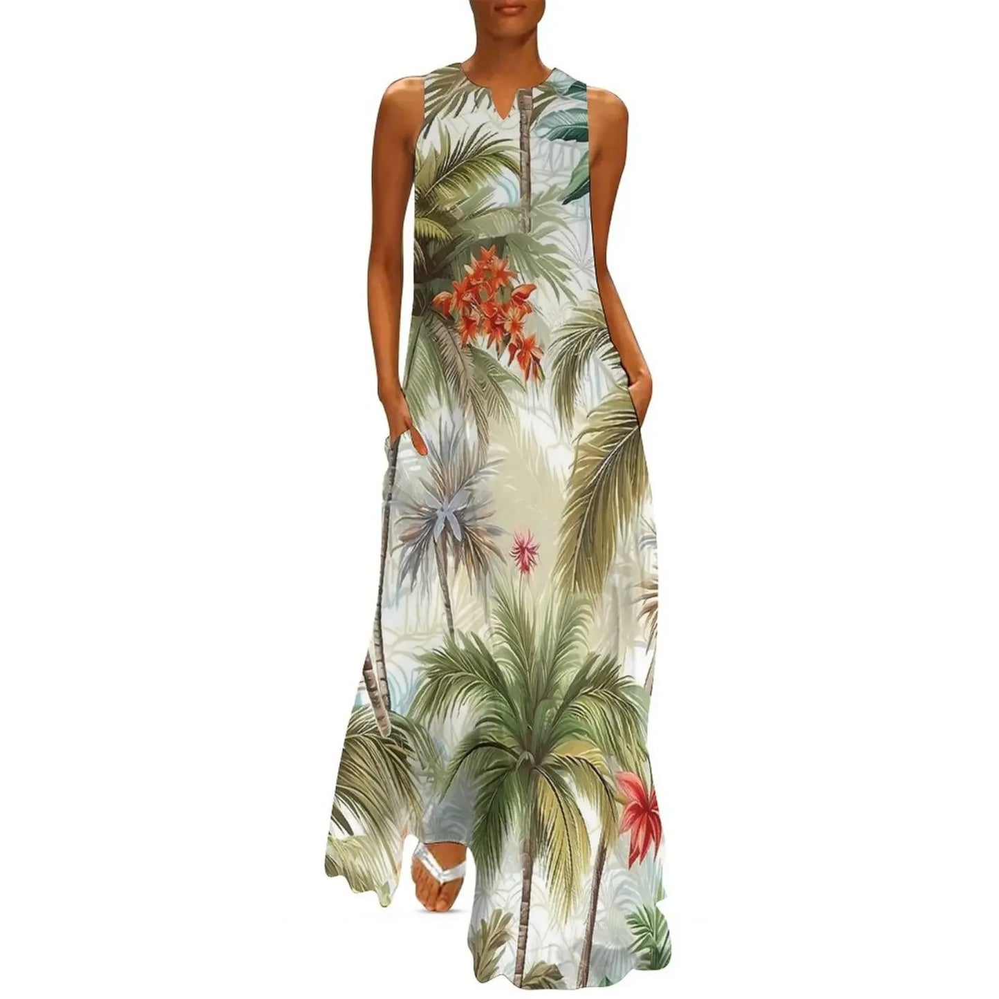 Sleeveless Hawaiian Dress For Women Spring Tropical Tiki Flowers Plants Boho Beach Long Dresses Female Casual Modern Maxi Dress