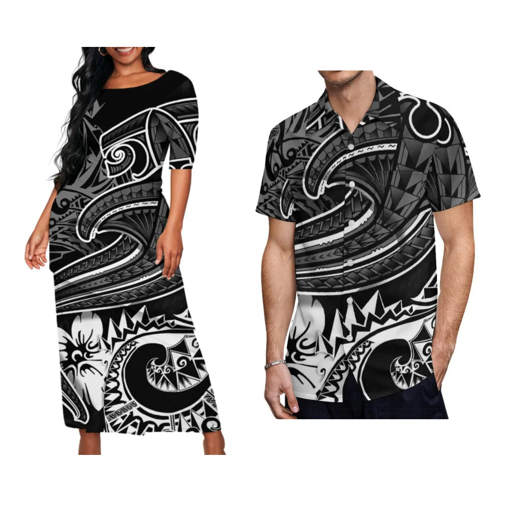 Samoan Tribal Print Summer Women's Double Suit Long Cress Puletasi Men's Hawaiian Shirt Custom Polynesian Couple Dress