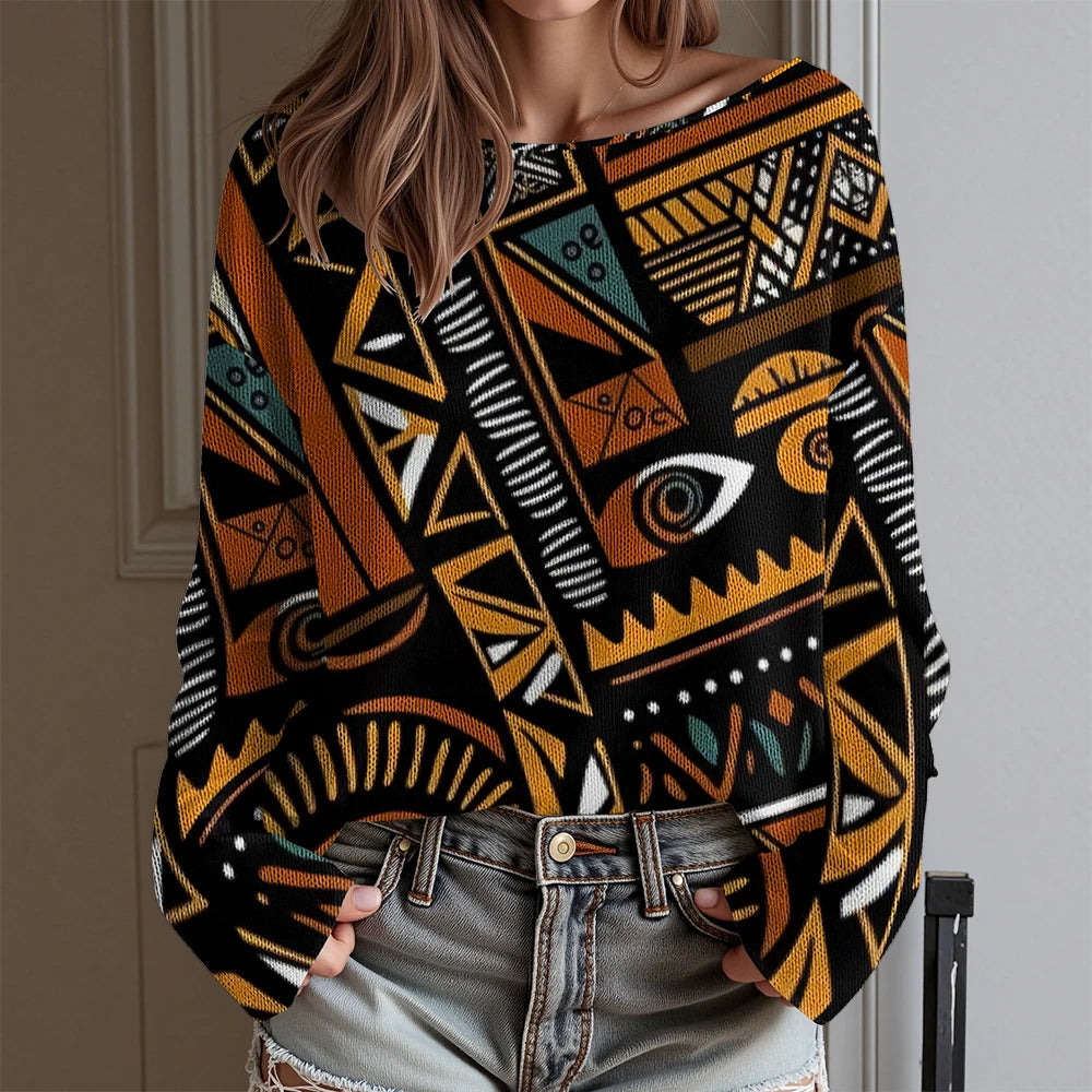 Vintage Tribal Totem Print Off-Shoulder Top Women Long Sleeve T-Shirt Boho Chic Blouse Western Cowboy Style Daily Wear Plus Size